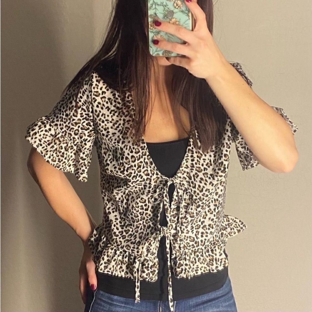 Princess Polly Anton Double Tie Flutter Sleeve Blouse Brown & Black Size Small